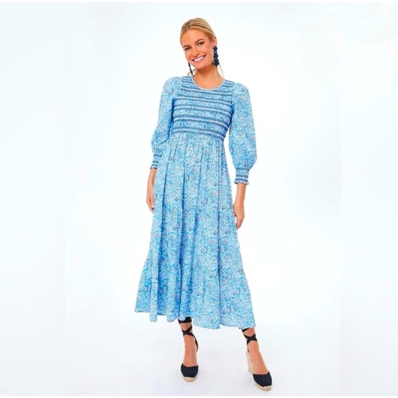 Pink City Prints Isabel Dress XS NWT Ornate Sky Blue Cotton Midi Smocked - Picture 1 of 13